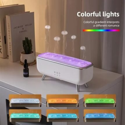 Jellyfish Dynamic Humidifier — Rechargeable Cool Mist Diffuser with Floating Jellyfish Mist Effect, 7-Color LED Ambient Light, Remote Control Timer, Whisper-Quiet Operation, USB Powered